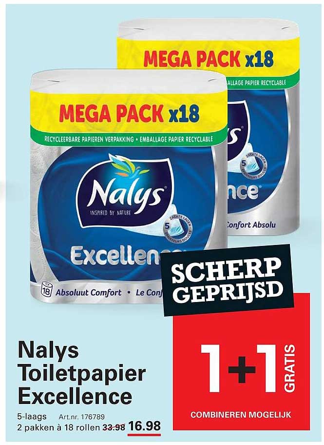 Nalys Toiletpapier Excellence 5-laags 1+1 gratis