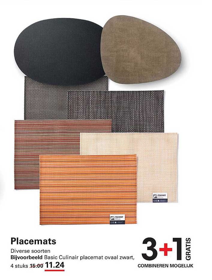 Placemats Bijvoorbeeld Basic Culinair placemat ovaal zwart, 4 stuks 3+1 gratis combineren mogelijk