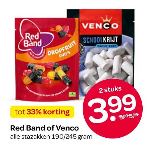 Red Band of Venco alle stazakken 190/245 gram tot 33% korting