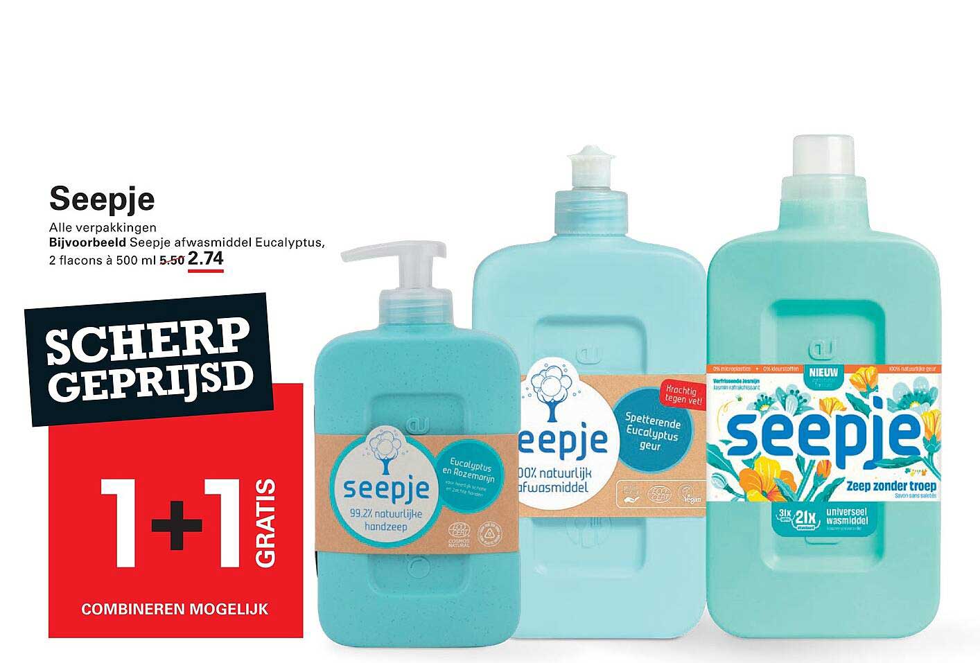 Seepje - Alle verpakkingen - Bijvoorbeeld Seepje afwasmiddel Eucalyptus, 2 flacons à 500 ml 1+1 gratis