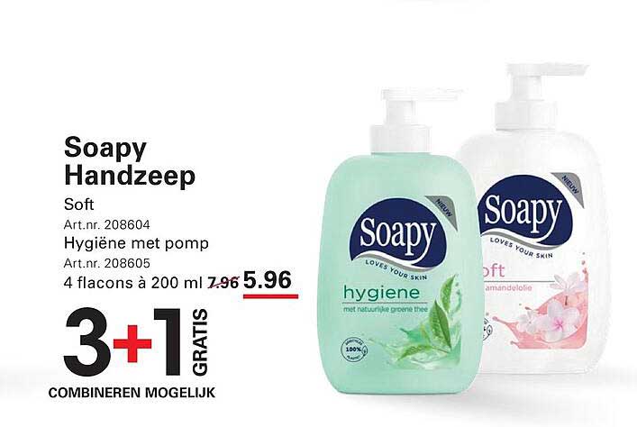 Soapy Handzeep Soft / Hygiëne met pomp 4 flacons à 200 ml 3+1 GRATIS COMBINEREN MOGELIJK
