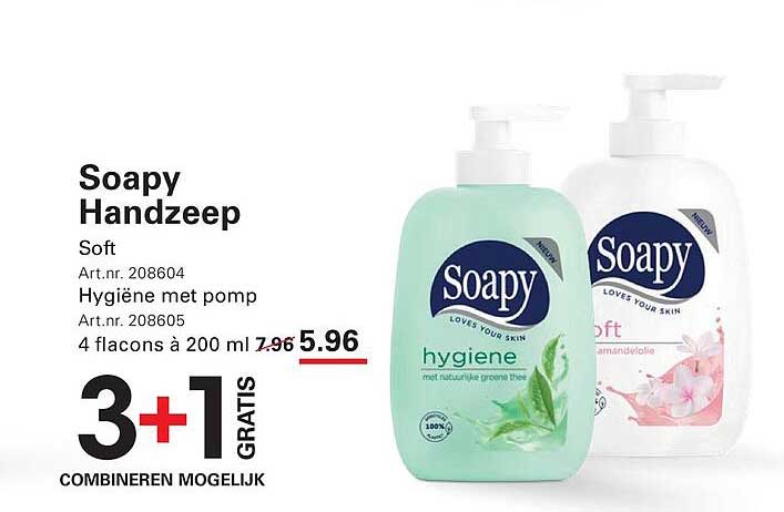 Soapy Handzeep Soft Hygiène met pomp 4 flacons à 200 ml 3+1 GRATIS COMBINEREN MOGELIJK