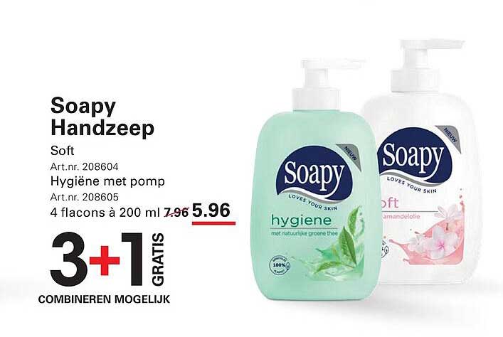 Soapy Handzeep Soft / Hygiëne met pomp 4 flacons à 200 ml 3+1 GRATIS COMBINEREN MOGELIJK