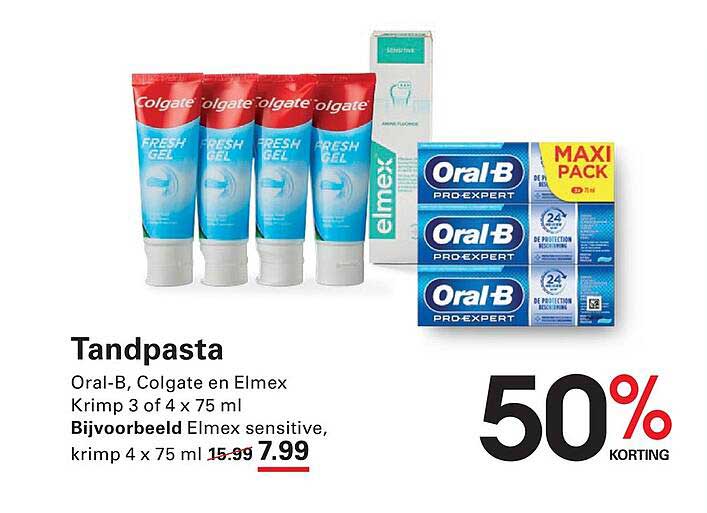 Tandpasta Oral-B, Colgate en Elmex Krimp 3 of 4 x 75 ml 50% KORTING