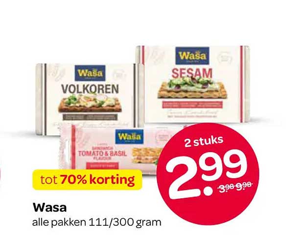 Wasa alle pakken 111/300 gram tot 70% korting