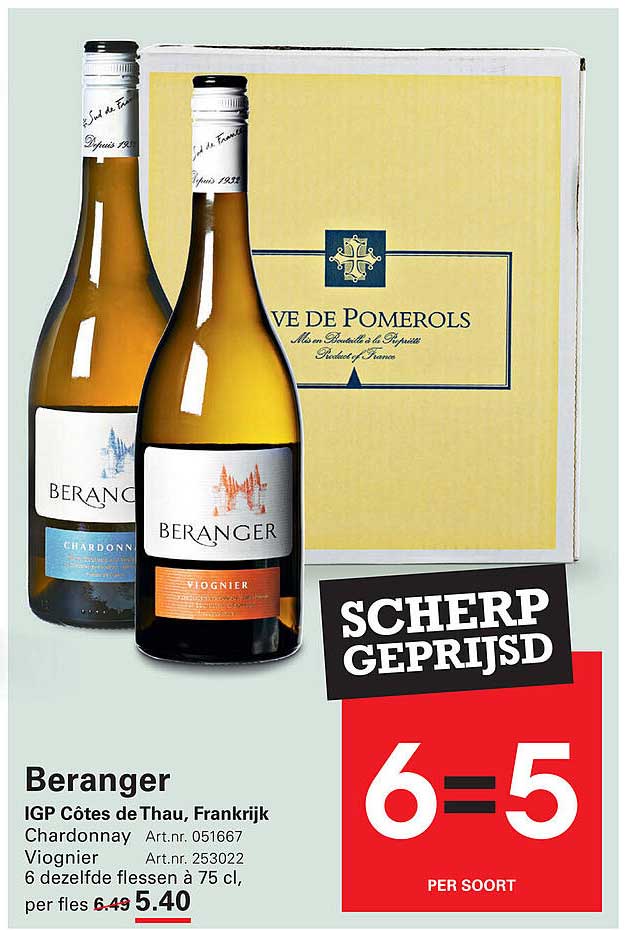Beranger IGP Côtes de Thau, Frankrijk 6 dezelfde flessen à 75 cl, per fles 5.40
