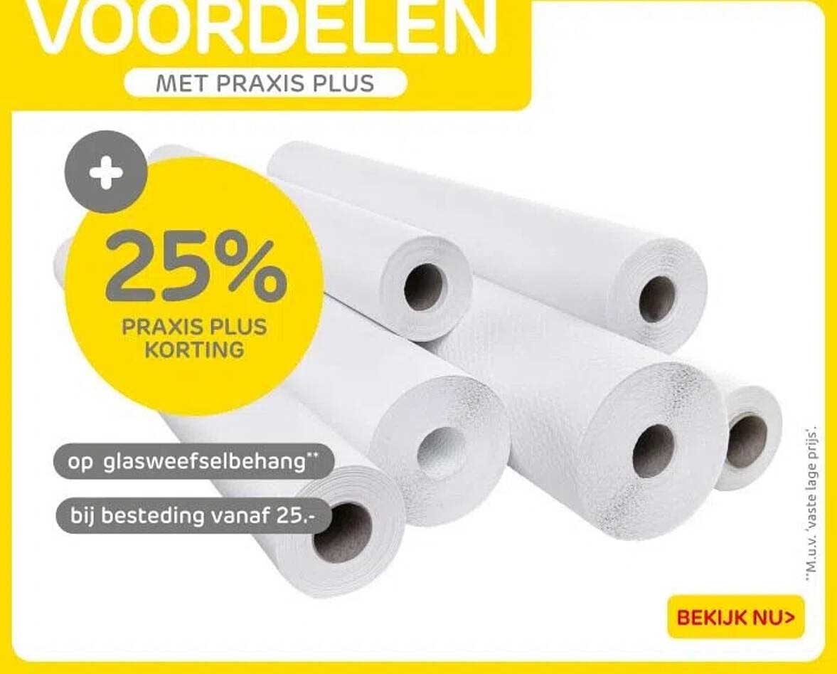 25% PRAKIS PLUS KORTING op glasweefselbehang bij besteding vanaf 25.-