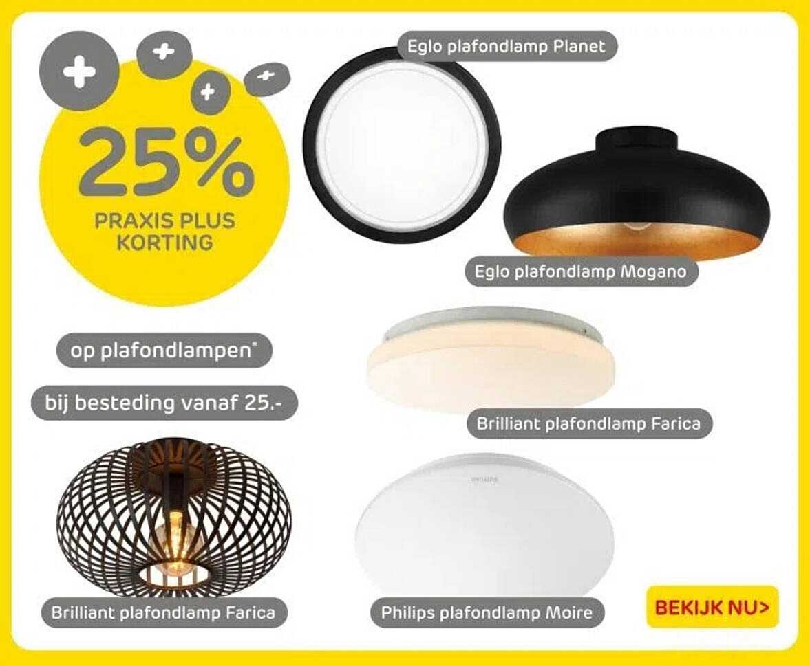 25% PRAKIS PLUS KORTING op plafondlampen bij besteding vanaf 25.-