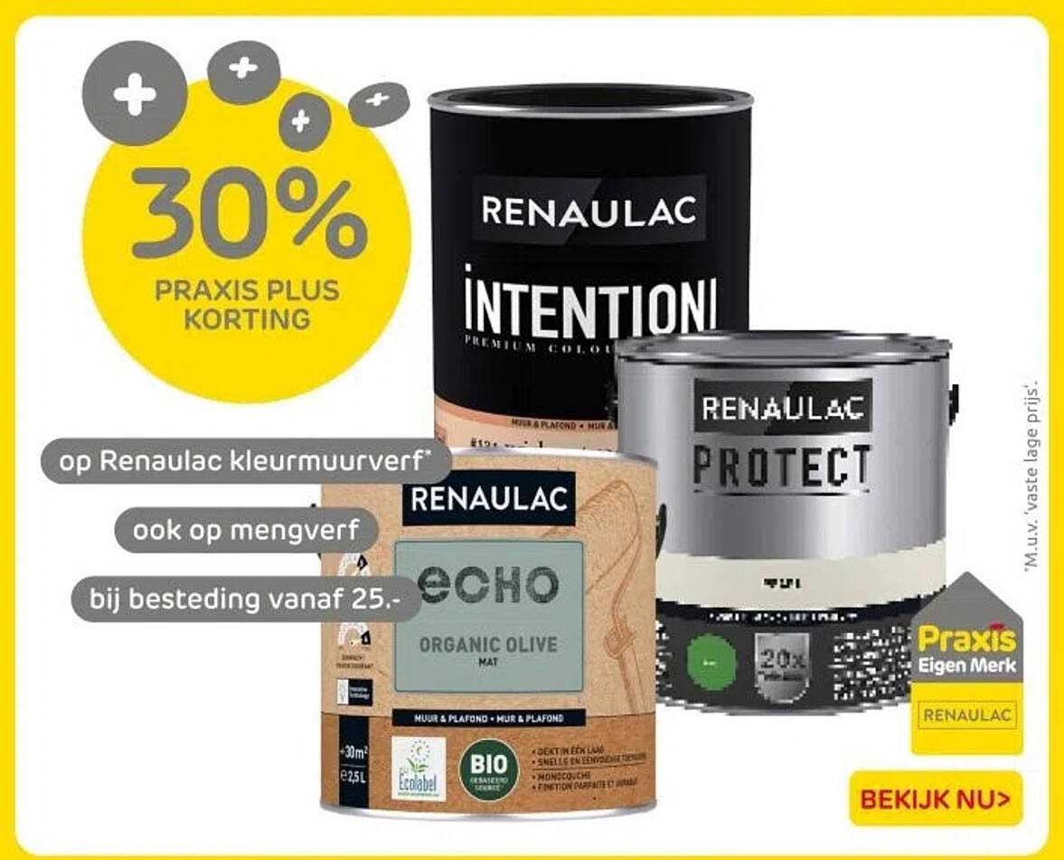 30% PRAKIS PLUS KORTING op RENAULAC kleurverf en mengverf bij besteding vanaf 25.