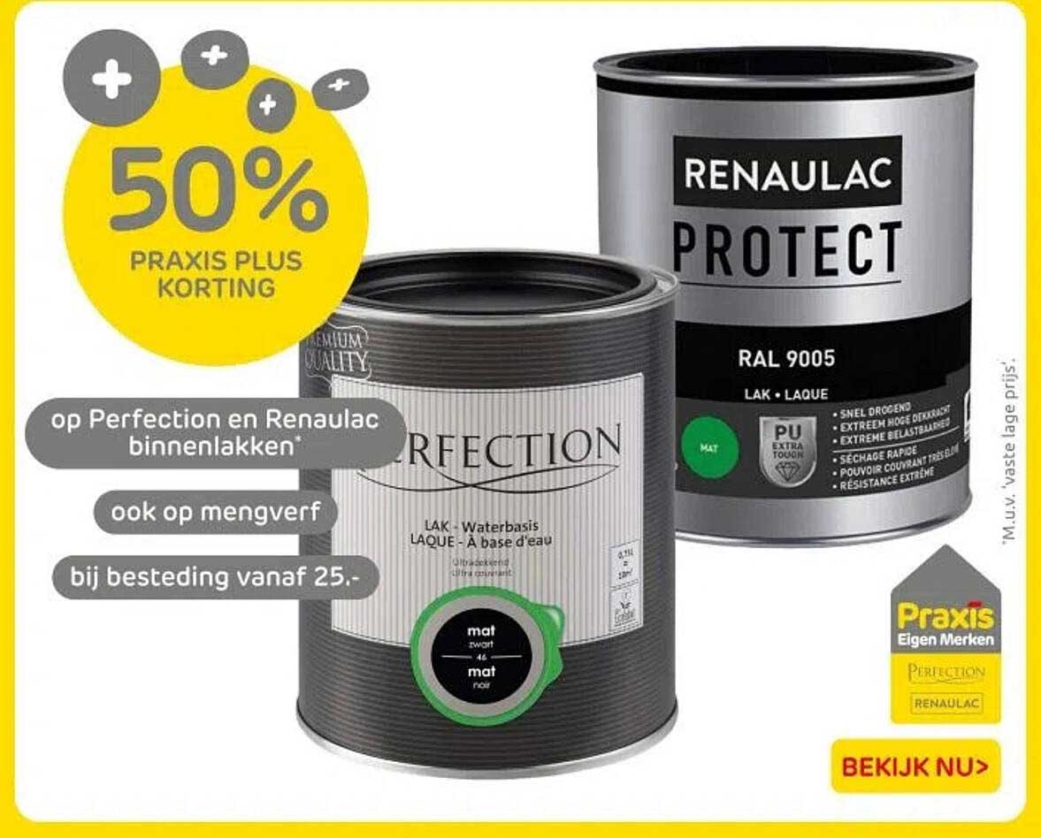 50% PRAKIS PLUS KORTING op Perfection en Renaualc binnenlakken* ook op mengverf bij besteding vanaf 25.-