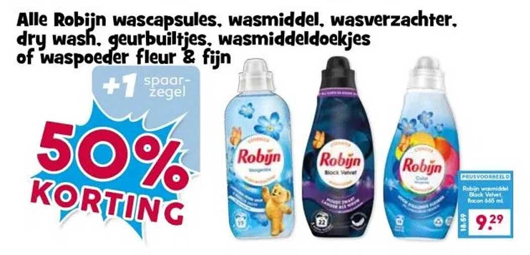 Alle Robijn wascapsules, wasmiddel, wasverzachter, dry wash, geuruiltjes, wasmiddeldoekjes ofwaspoeder fleur & fijn 50% KORTING