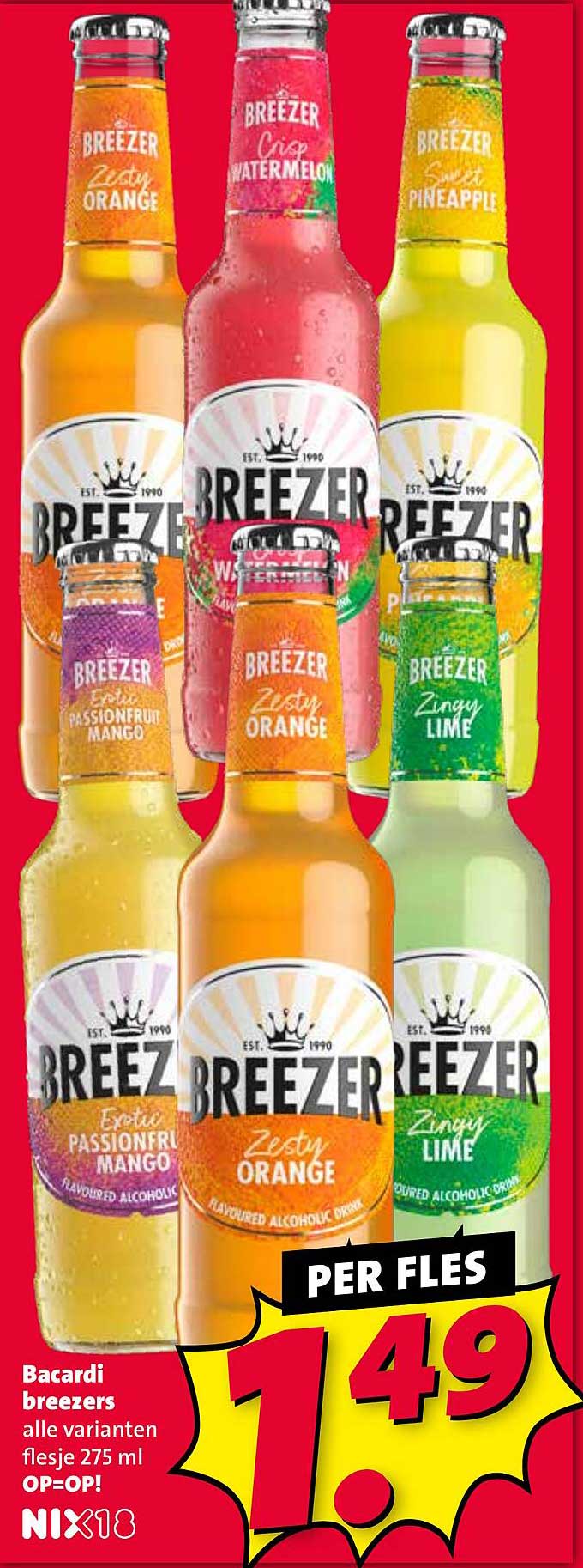 Bacardi breezers alle varianten flesje 275 ml OP=OP!
