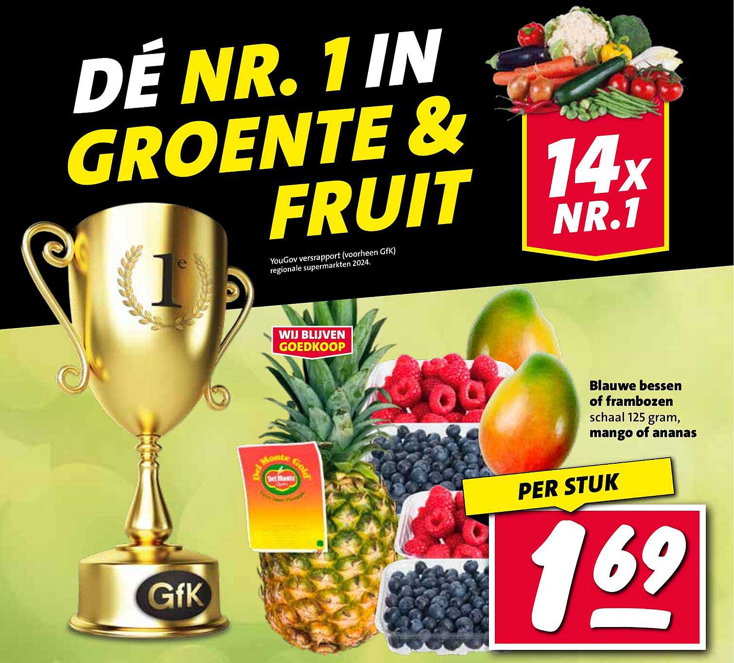 Blauwe bessen of frambozen schaal 125 gram, mango of ananas