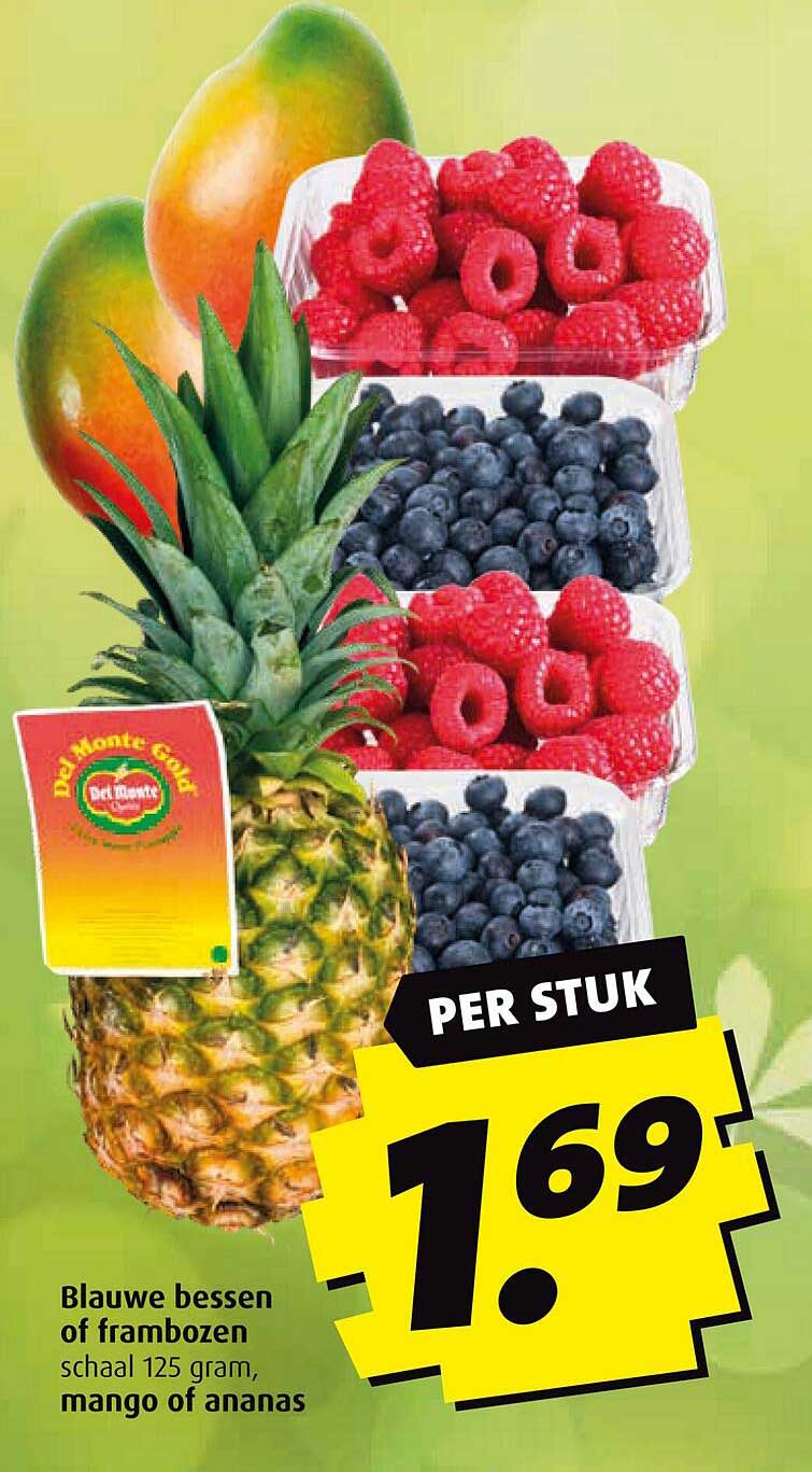 Blauwe bessen of frambozen schaal 125 gram, mango of ananas