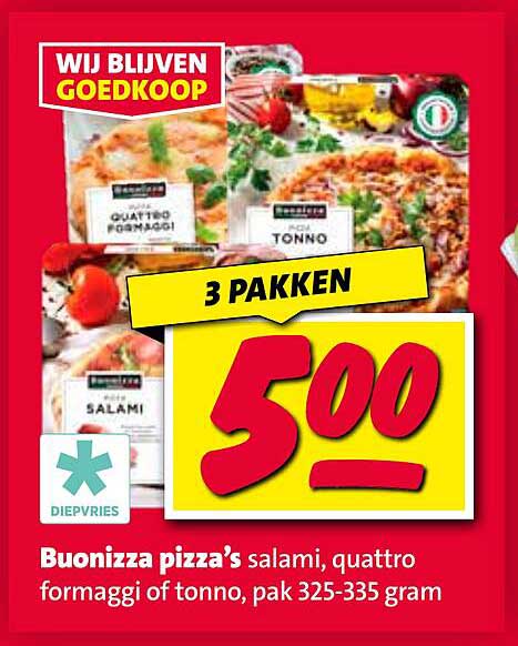 Buonizza pizza’s salami, quattro formaggi of tonno, pak 325-335 gram