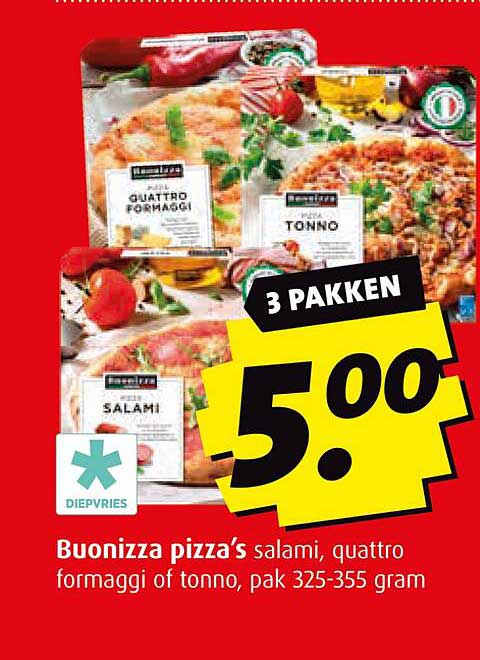 Buonizza pizza’s salami, quattro formaggi of tonno, pak 325-355 gram