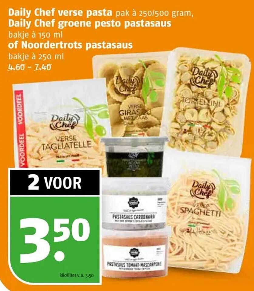 Daily Chef verse pasta pak à 250/500 gram, Daily Chef groene pesto pastasaus bakje à 150 ml of Noordertrots pastasaus bakje à 250 ml