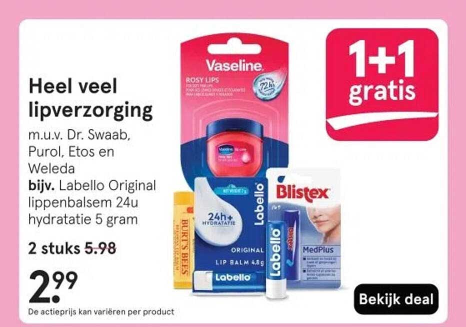 Heel veel lipverzorging m.u.v. Dr. Swaab, Purol, Etos en Weleda bijv. Labello Original lippenbalsem 24u hydratatie 5 gram 2 stuks 5.98