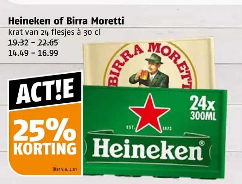 Heineken of Birra Moretti krat van 24 flesjes à 30 cl