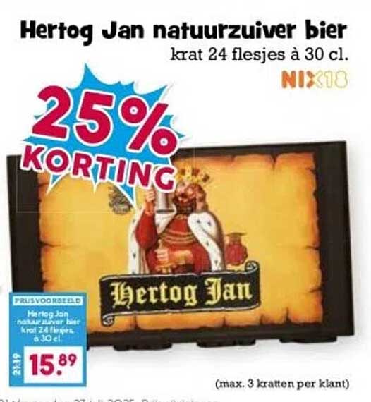 Hertog Jan natuurzuiver bier krat 24 flesjes à 30 cl.