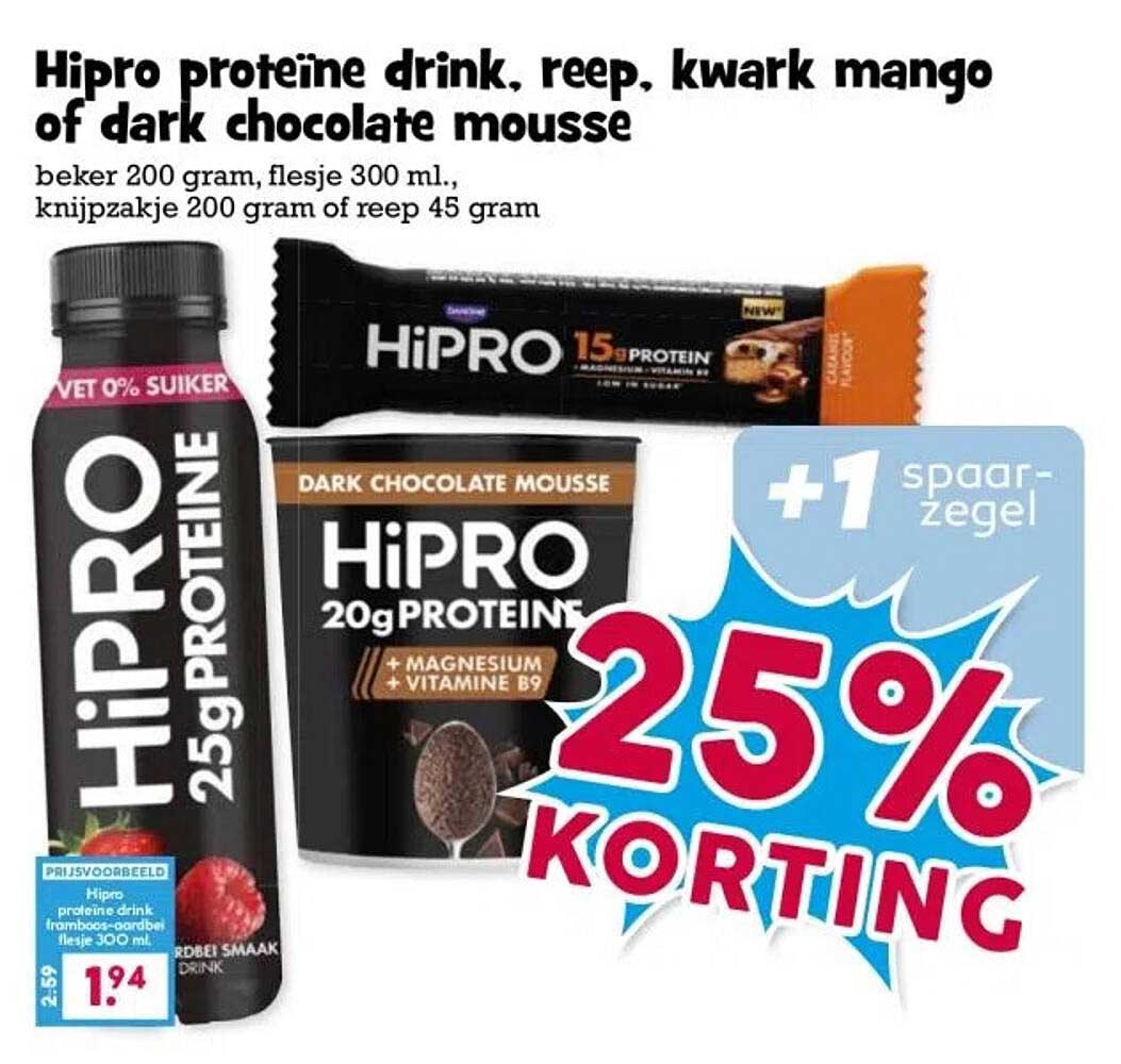 Hipro proteïne drink, reep, kwark mango of dark chocolate mousse
