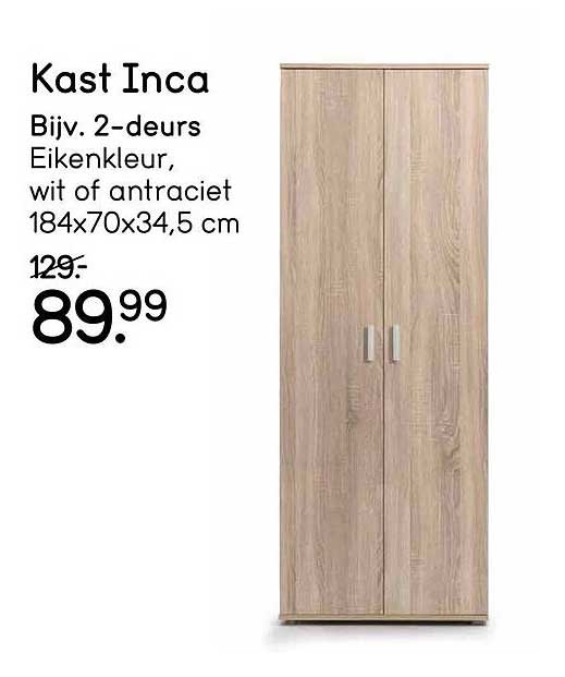 Kast Inca Bijv. 2-deurs Eikenkleur, wit of antraciet 184x70x34,5 cm