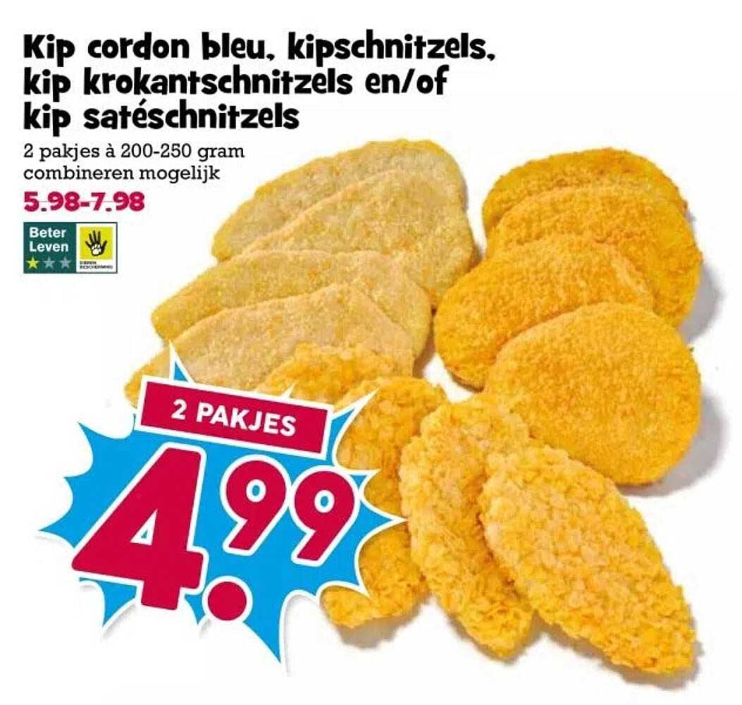 Kip cordon bleu, kipschnitzels, kip krokantschnitzels en/of kip satéschnitzels