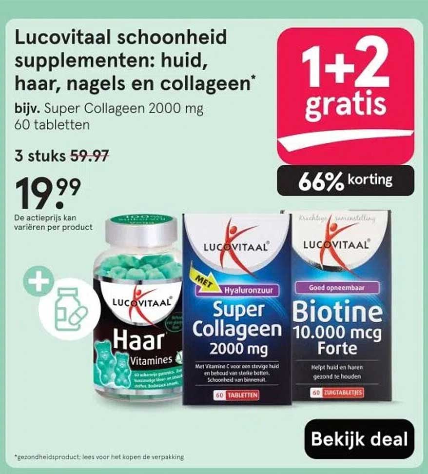 Lucovitaal schoonheid supplementen: huid, haar, nagels en collageen* bijv. Super Collageen 2000 mg 60 tabletten