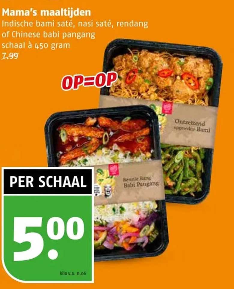 Mama's maaltijden Indische bami saté, nasi saté, rendang of Chinese babi pangang schaal à 450 gram