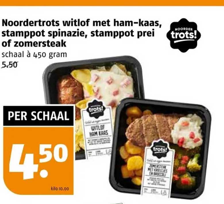 Noordertrots witlof met ham-kaas, stamppot spinazie, stamppot prei of zomersteak