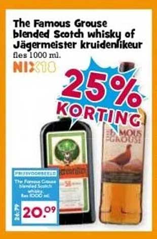 The Famous Grouse blended Scotch whisky of Jägermeister kruidenlikeur fles 1000 ml.