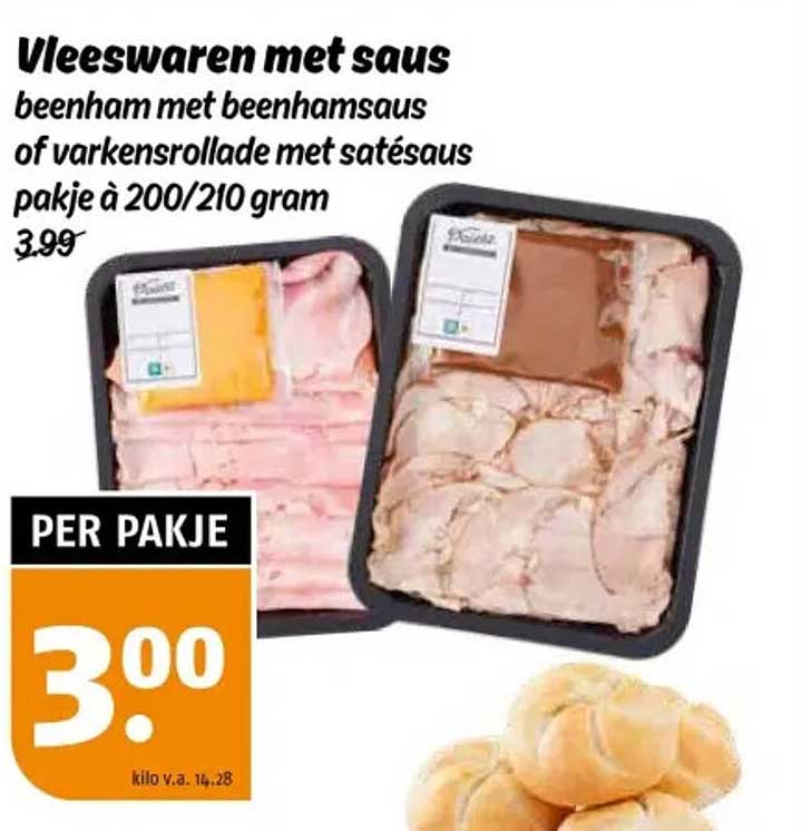 Vleeswaren met saus beenhamsaus of varkensrollade met satésaus pakje à 200/210 gram