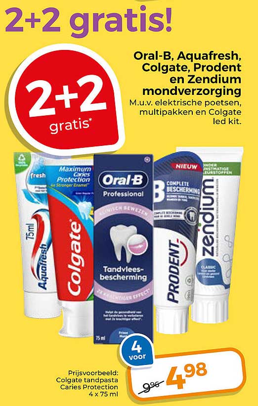 2+2 gratis! Oral-B, Aquafresh, Colgate, Prodent en Zendium mondverzorging