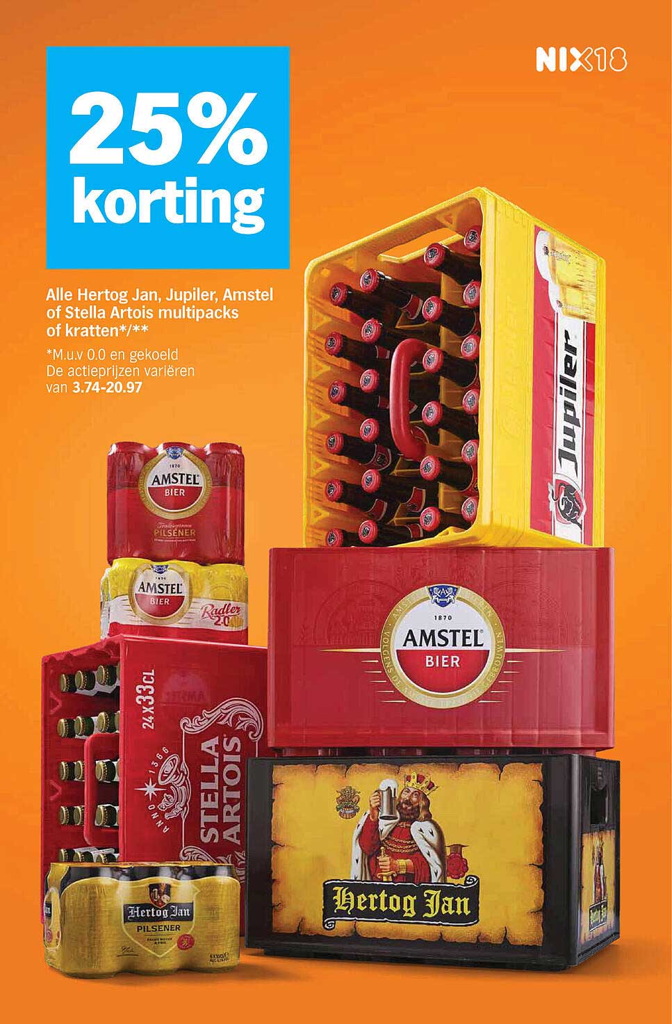25% korting Alle Hertog Jan, Jupiler, Amstel of Stella Artois multipacks of kratten*/**