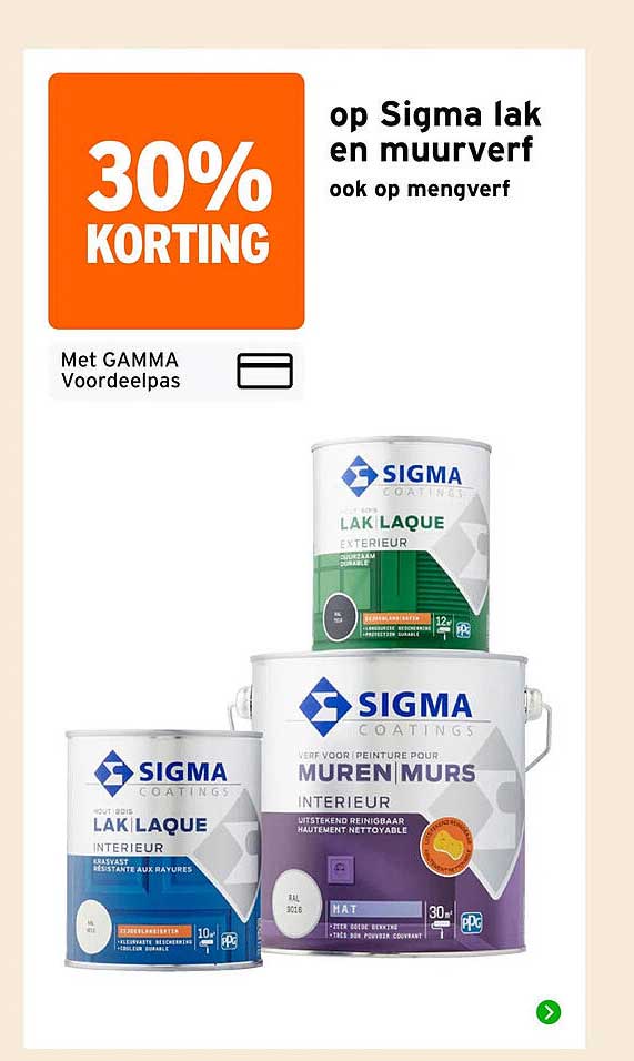 30% korting op Sigma lak en muurverf ook op mengverf