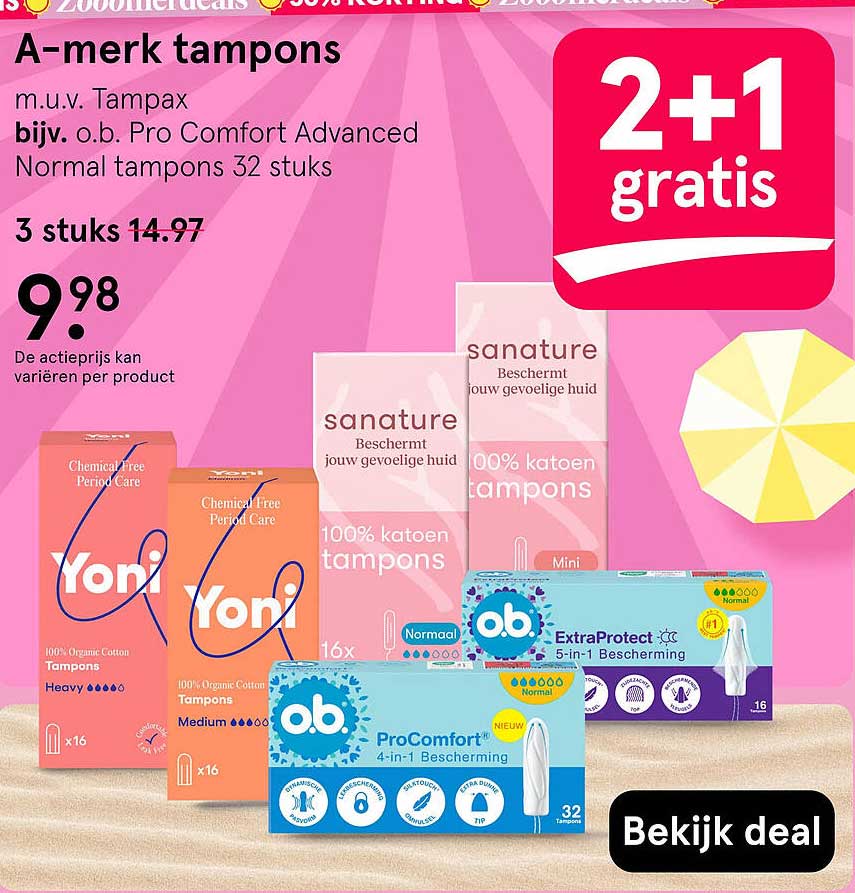 A-merk tampons m.u.v. Tampax, bijv. o.b. Pro Comfort Advanced Normal tampons 32 stuks 2+1 gratis