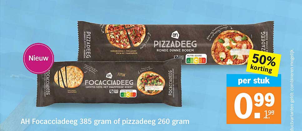 AH Focacciadeeg 385 gram of pizzadeeg 260 gram 50% korting