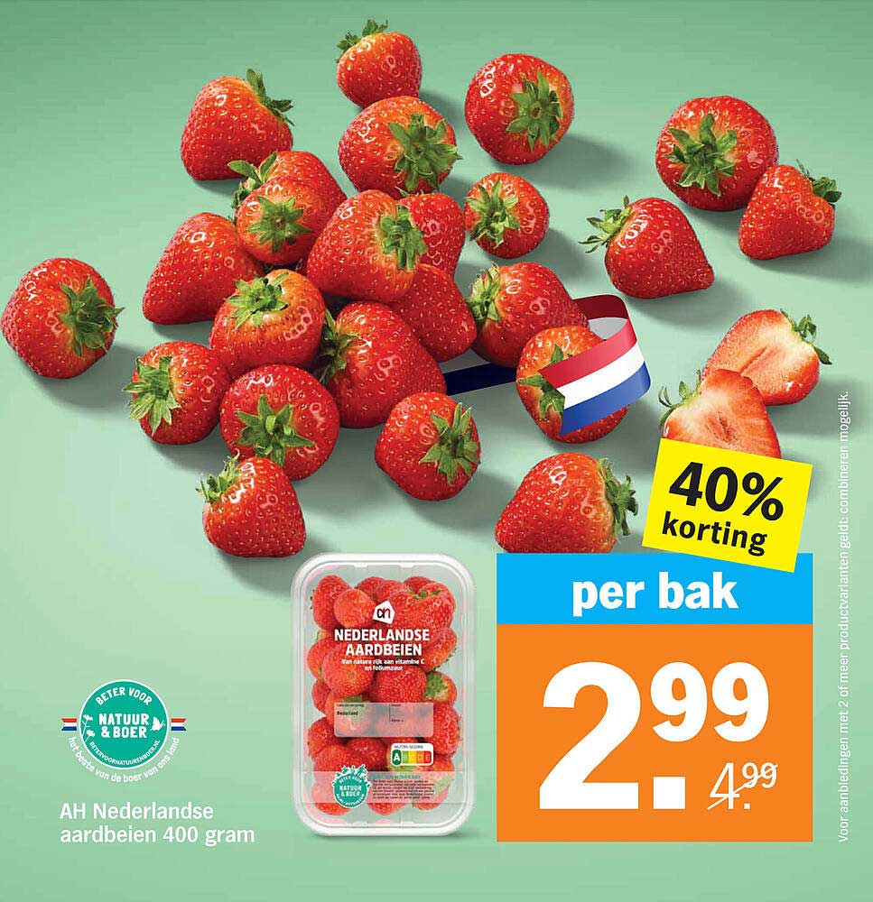 AH Nederlandse aardbeien 400 gram 40% korting per bak