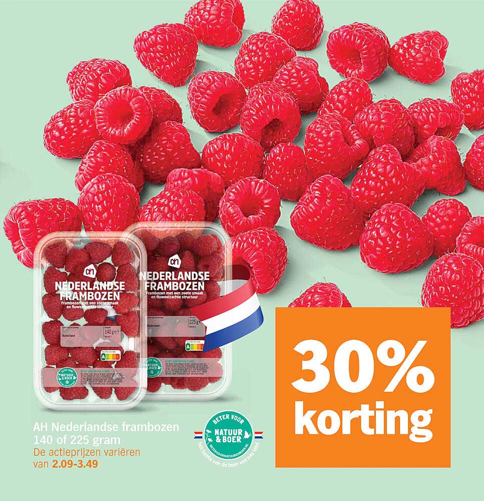 AH Nederlandse frambozen 140 of 225 gram 30% korting