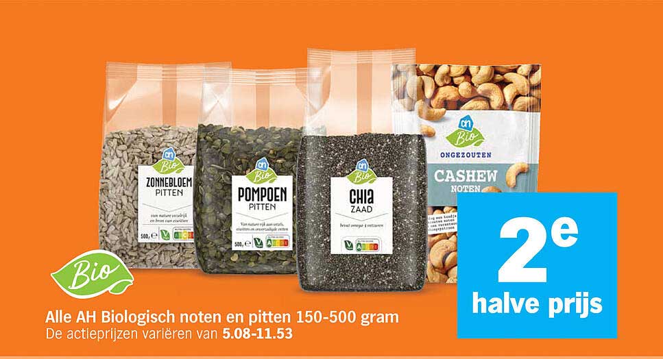 Alle AH Biologisch noten en pitten 150-500 gram 2e halve prijs