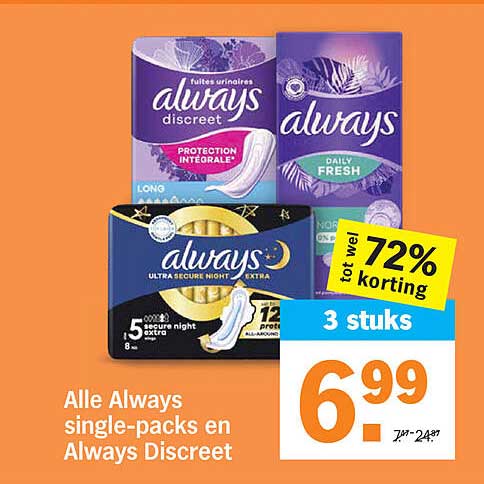 Alle Always single-packs en Always Discreet tot wel 72% korting 3 stuks