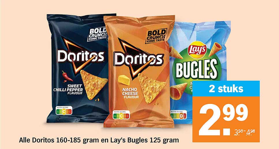 Alle Doritos 160-185 gram en Lay's Bugles 125 gram