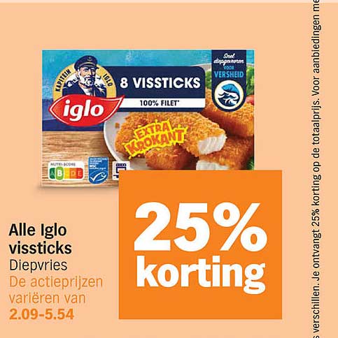 Alle Iglo vissticks Diepvries 25% korting