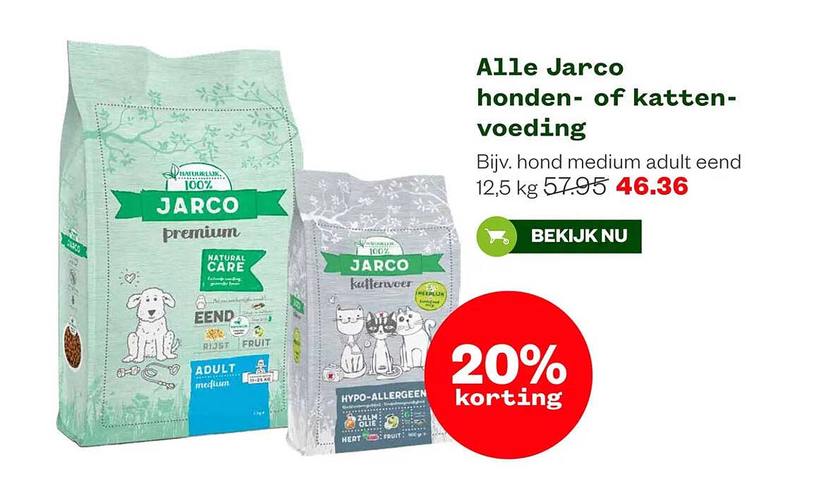 Alle Jarco honden- of katten-voeding 20% korting