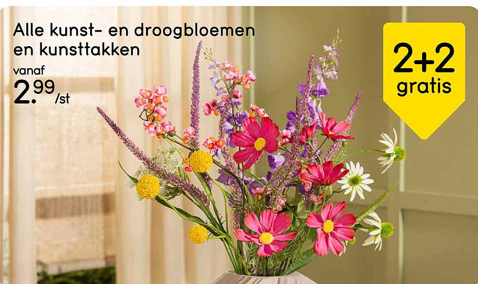 Alle kunst- en droogbloemen en kunsttakken 2+2 gratis
