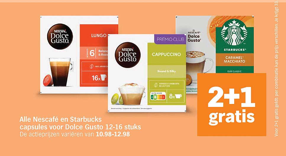 Alle Nescafé en Starbucks capsules voor Dolce Gusto 12-16 stuks 2+1 gratis