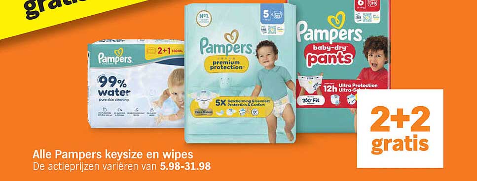 Alle Pampers keysize en wipes 2+2 gratis