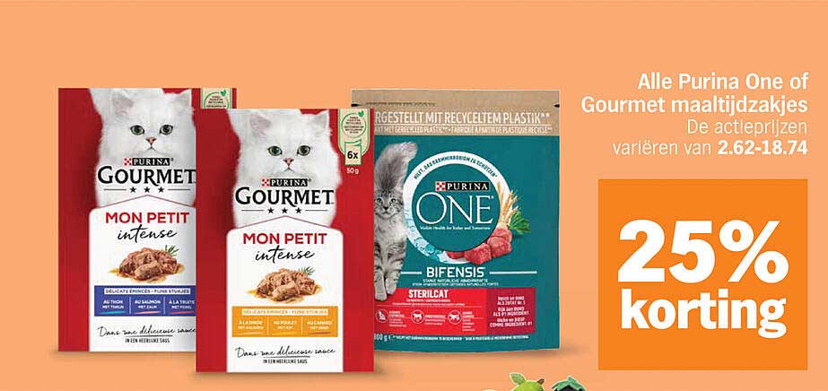 Alle Purina One of Gourmet maaltijdzakjes 25% korting