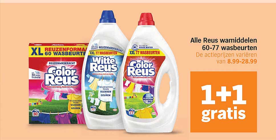 Alle Reus wasmiddelen 60-77 wasbeurten 1+1 gratis