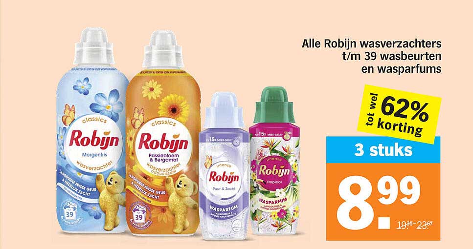 Alle Robijn wasverzachters t/m 39 wasbeurten en wasparfums 3 stuks tot wel 62% korting